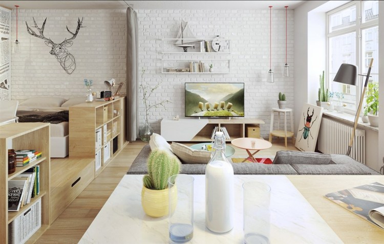 design-lägenhet-ett-rum-lägenhet-möblering-piedestal-sovplats-vardagsrum