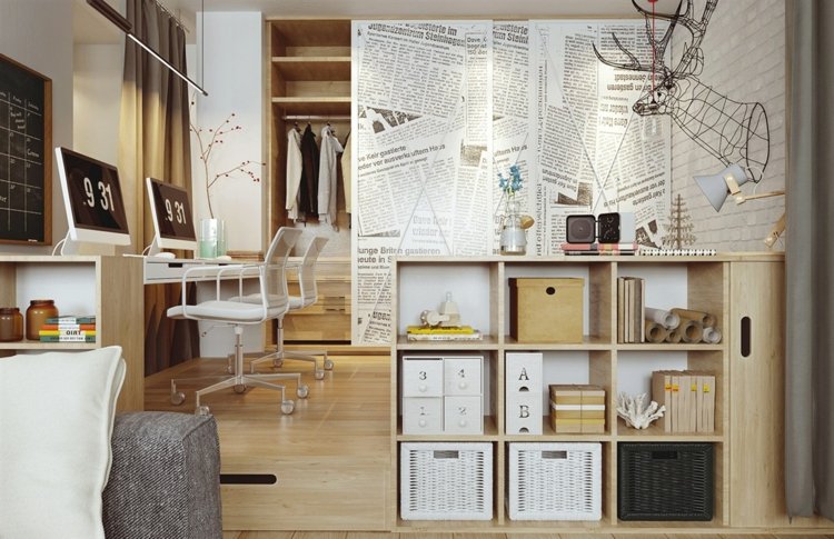 design-lägenhet-vägg-design-idé-tidning-papper-hylla-hemmakontor