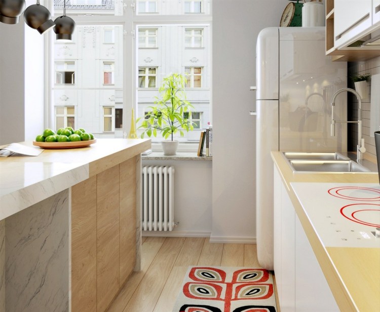 design-lägenhet-röd-mönster-matta-marmor-kök-retro-kylskåp