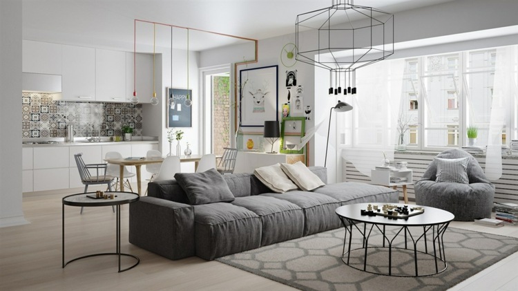 design-lägenhet-mörk-grå-soffa-vardagsrum-monokrom-metall-möbler