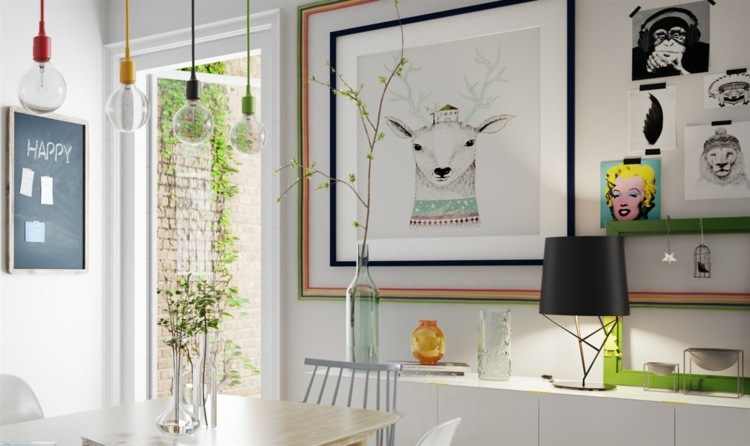 design-lägenhet-vägg-dekoration-bilder-idé-hängande-lampor-färgglada-färger