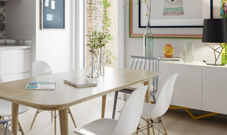 design-lägenhet-skänk-matplats-bord-lampa-stor-väggmålning