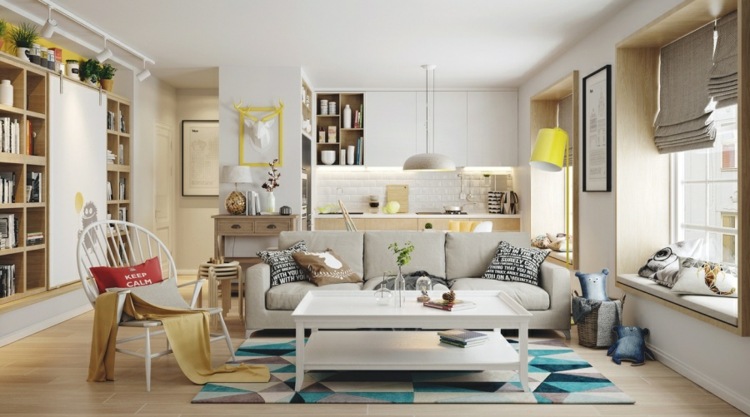 design lägenhet accenter-färgglada-vardagsrum-matta-geometriska-mönster-gul-blå