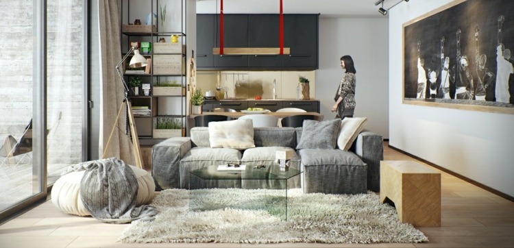 design-lägenhet-grå-inredning-dekoration-röda-accenter-panorama-bild-vägg-dekoration