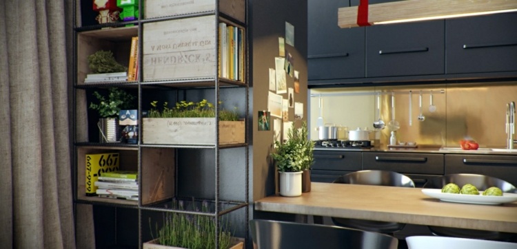 design-lägenhet-trädgård-interiör-hylla-industriell-accent-metall-kök-svart