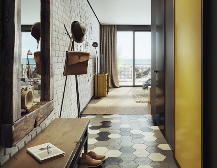 design-lägenhet-hexagon-hall-kakel-trä-ram-spegel