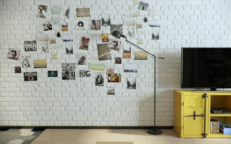 design-lägenhet-foto-dekoration-vägg-vit-tegel-tv-skåp-gul
