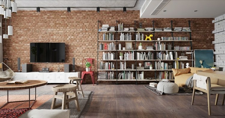 design-lägenhet-tegel-accent-vägg-röd-hylla-stora-böcker-loft-stil-nordisk