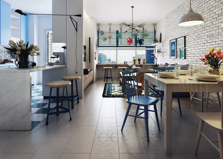 design lägenhet tegelvägg matplats blå stol