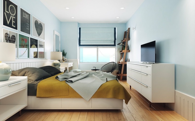design lägenhet sovrum-vägg-färg-ljusblå-gul-överkast-byrå-modern