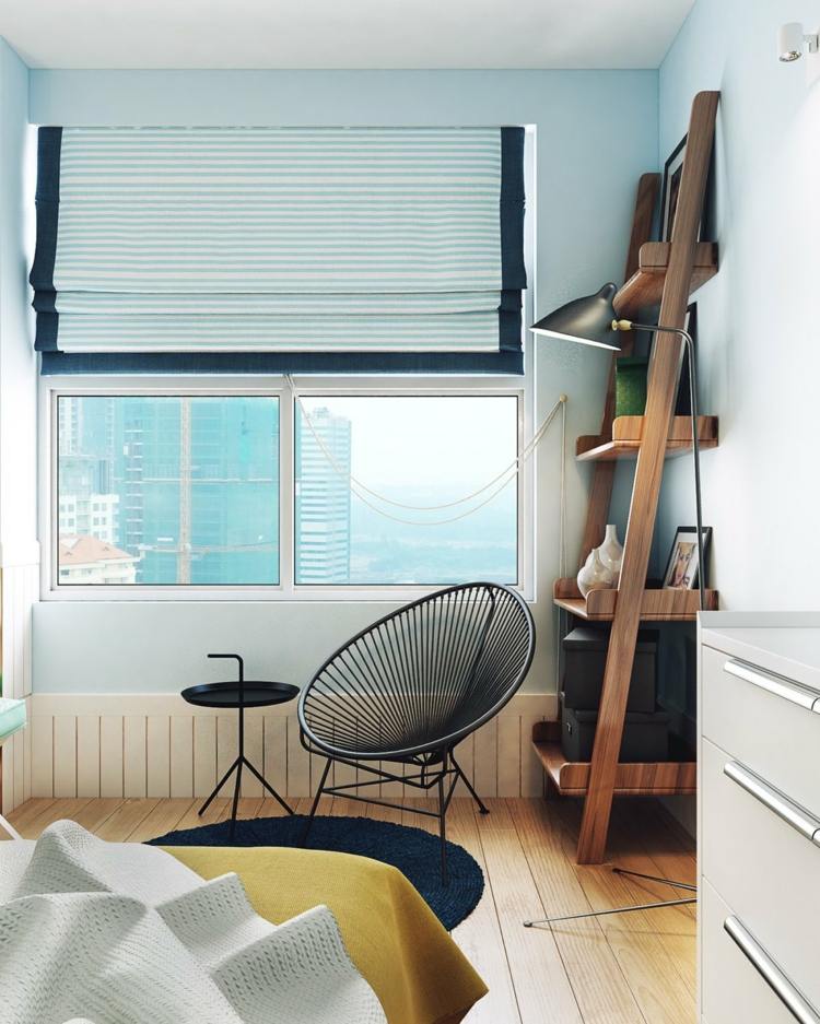 design-lägenhet-veckade-sovrum-ränder-optisk-stol-scanidnavisch-stil-hylla
