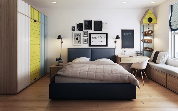 design lägenhet sovrum-fågel-tema-garderob-gul-accent