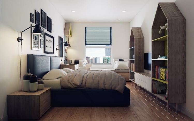 design-lägenhet-trä-inredning-mörk-svart-säng-läder-levande vägg