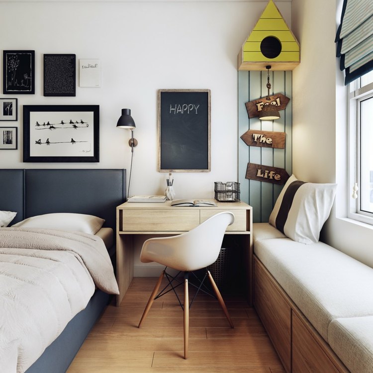 ram-lägenhet-dekorativ-fågelhus-skrivbord-bänk-fönster