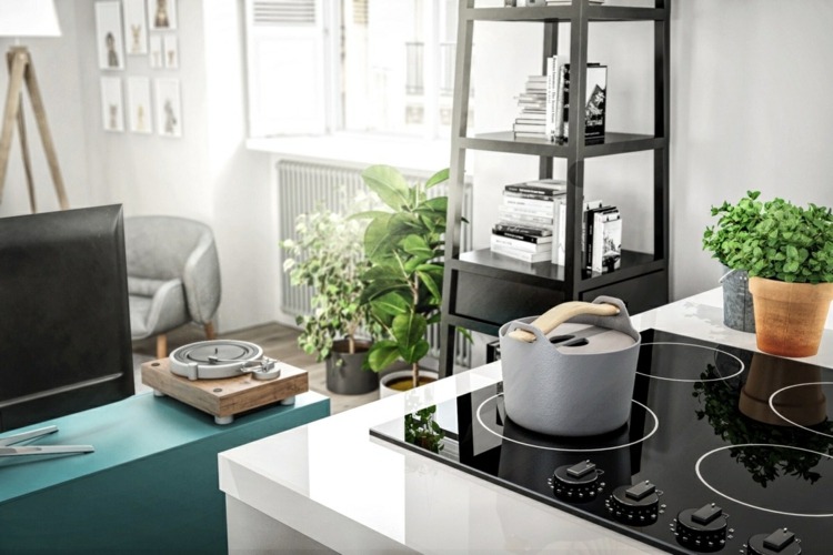 design-lägenhet-spis-topp-modern-teknik-kök-turkos-skåp
