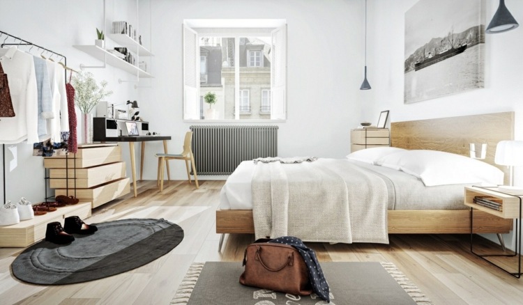 design-lägenhet-enkel-stil-säng-mattor-oval-säng-trä-vitt-sängkläder