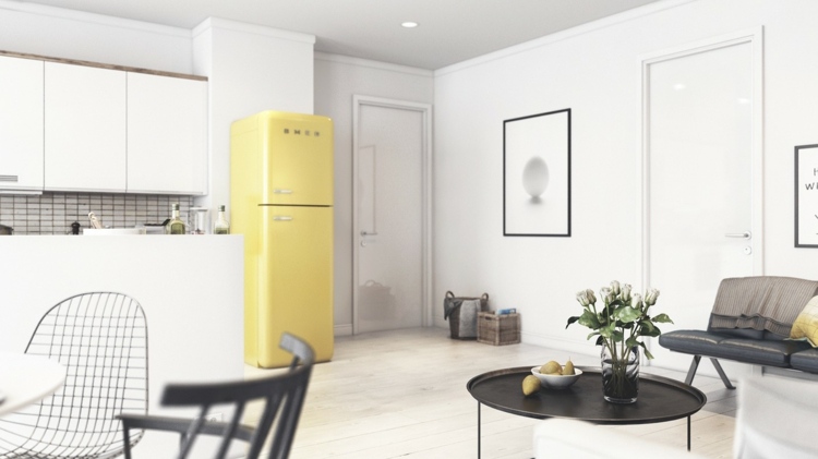 design-lägenhet-dekor-vit-gul-svart-läder-bänk-soffbord-metall