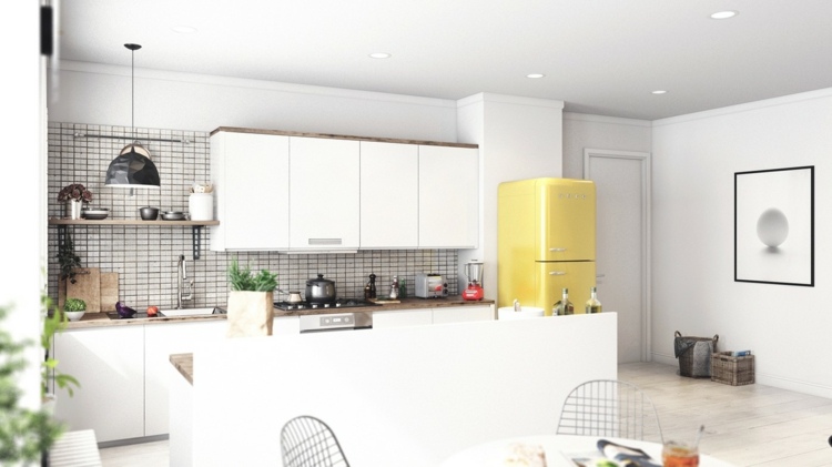 design-lägenhet-vitt-kök-accent-gult-kylskåp