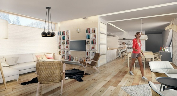 design-lägenhet-färg-grädde-hörn-soffa-parkett-hylla