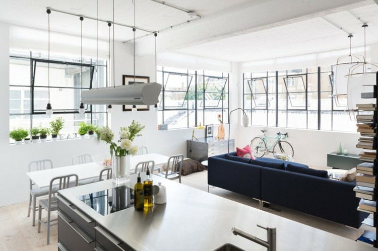 industriell stil lägenhet vardagsrum kök matbord vardagsrum