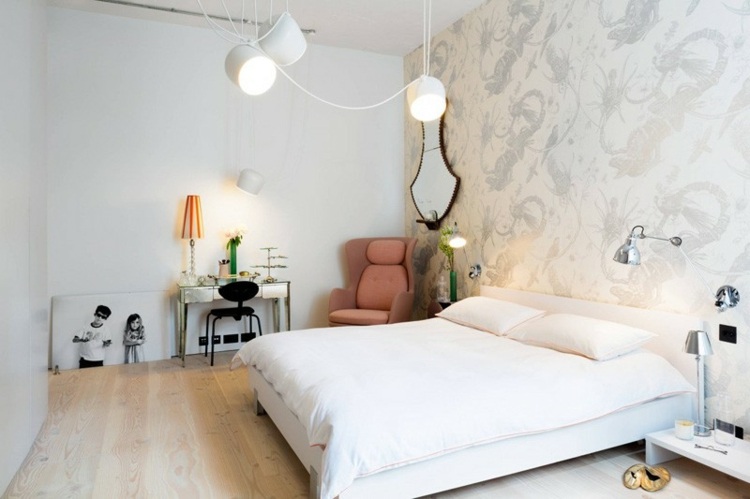 industriell stil lägenhet deco tapet vit design sängbord