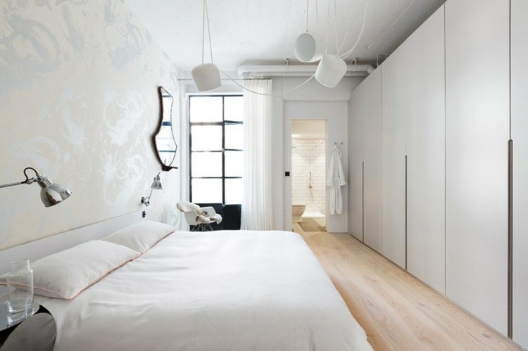 industriell stil lägenhet tapet mönster vit inredning garderob