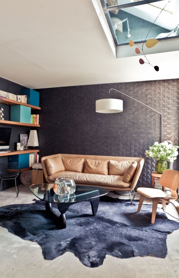 Modern lägenhet paris läder soffa golvlampa matta