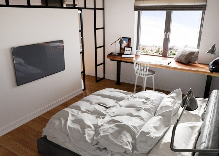 lägenhet inspiration sovrum-skiljevägg-glas-dörr-skrivbord-säng