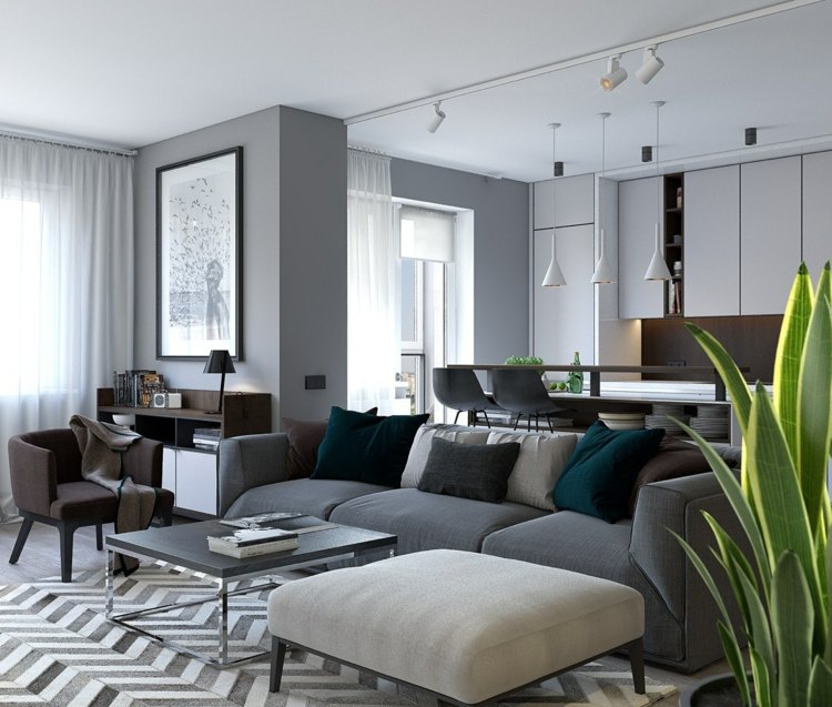 lägenhet inspiration modernt-vardagsrum-grå-soffa-sicksack-matta