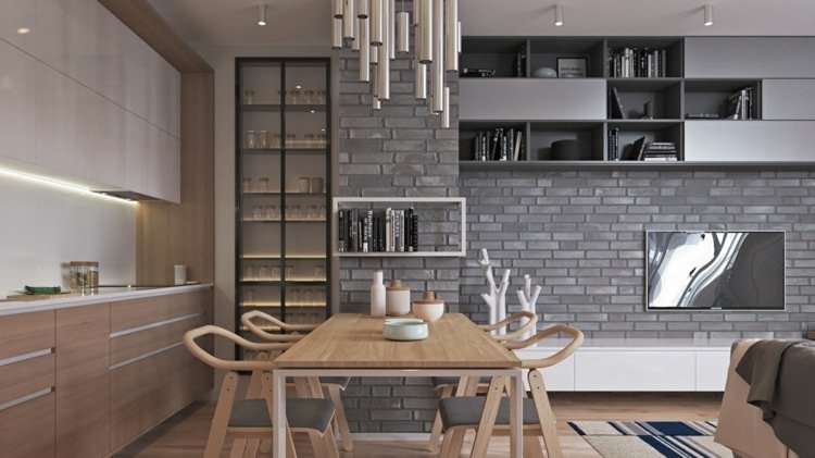lägenhet-inspiration-öppet-kök-matsal-vägg-enhet-modernt-trä-golv