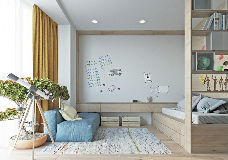lägenhet-inspiration-barnrum-sovplats-soffa-senap-färgade-gardiner-blå
