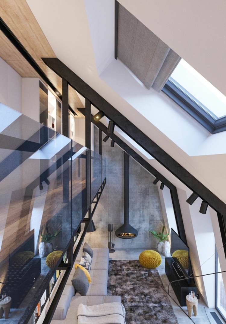 lägenhet-inspiration-vind-duplex-sluttande tak-takfönster-glasräcke