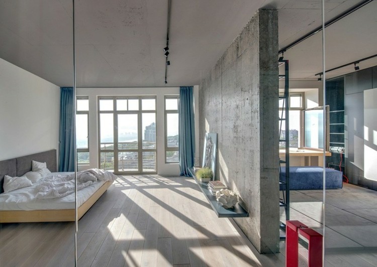 platt accent vägg rost fönster gardin turkos design betonlook
