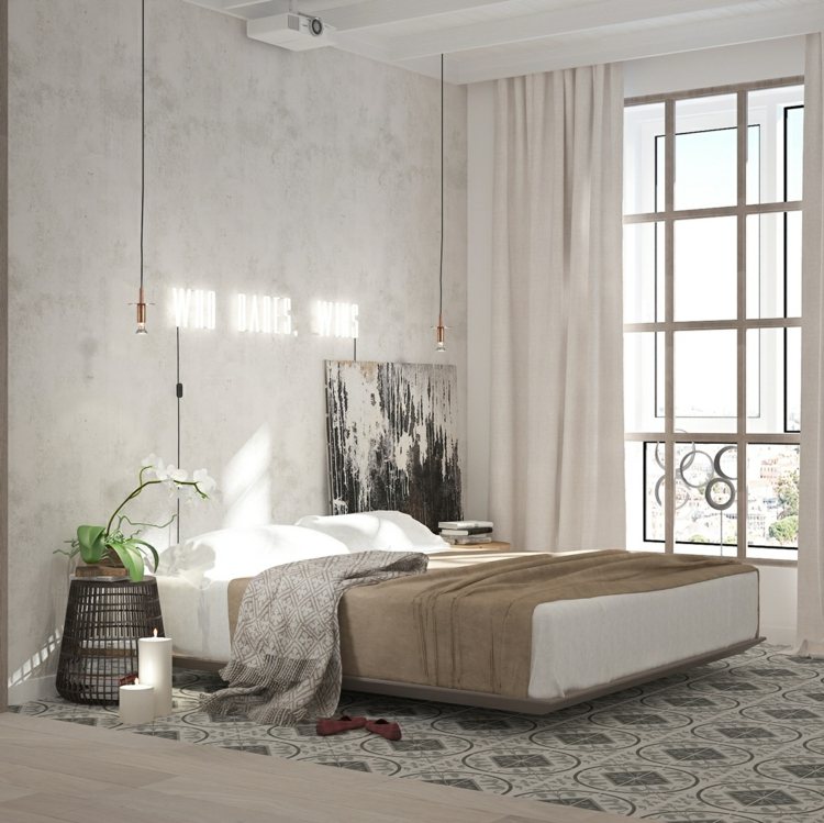 lägenhet feminina möbler kakel sovrum konstnärliga hängande lampor