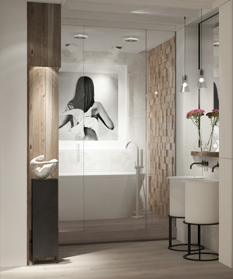 lägenhet med feminin inredning badrum handfat glasvägg