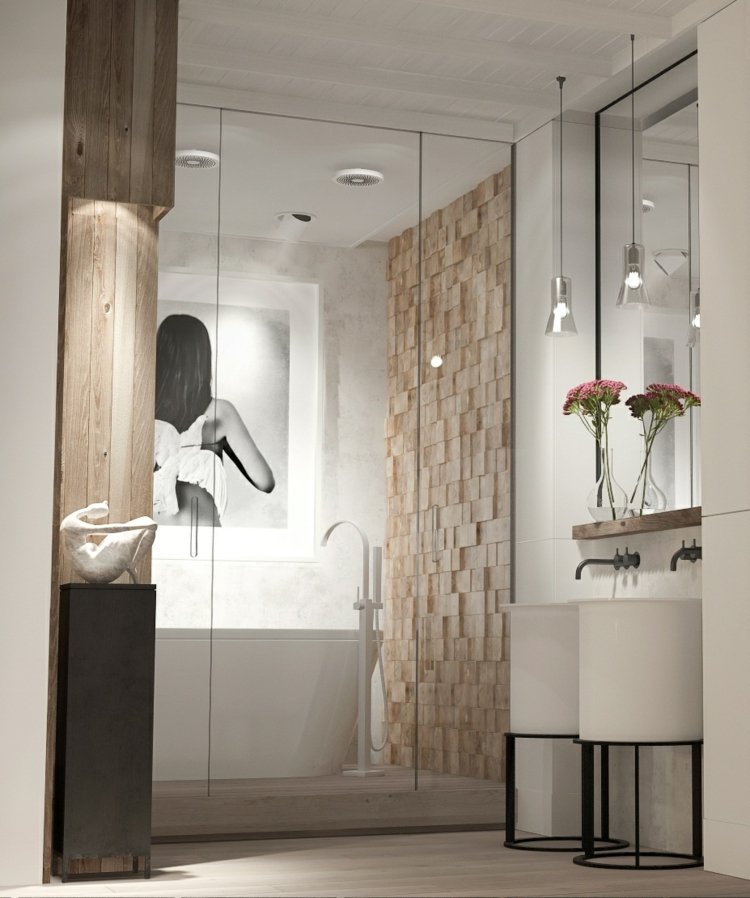 lägenhet feminin inredning vita möbler trä vägg design spegelbild