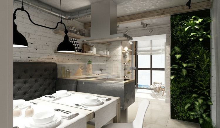 lägenhet med feminina möbler vertikal trädgård vägg matbord kök