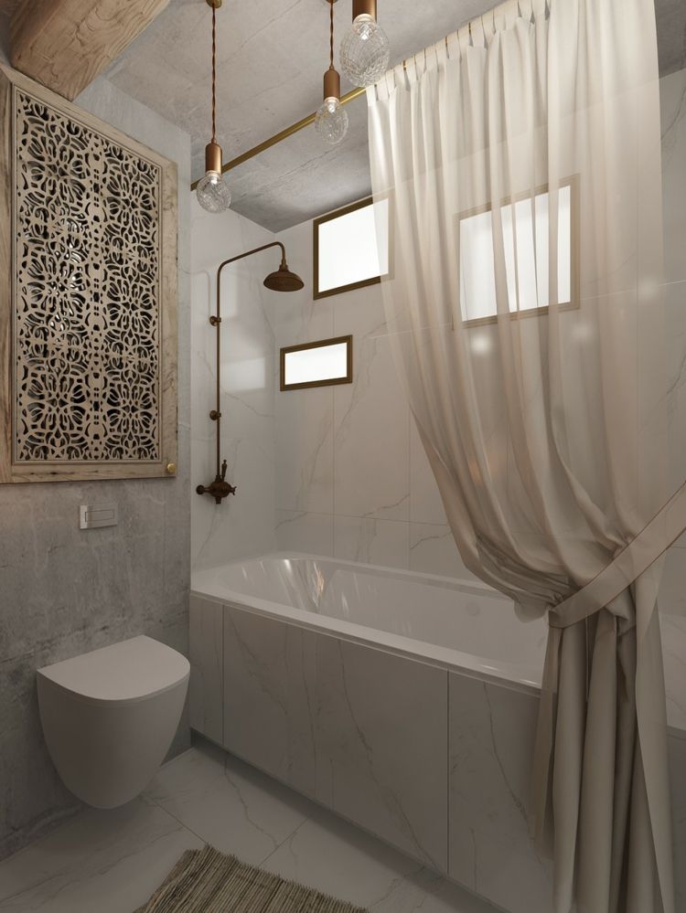 lägenhet feminin inredning marmor vit elegant dusch industriell pipa