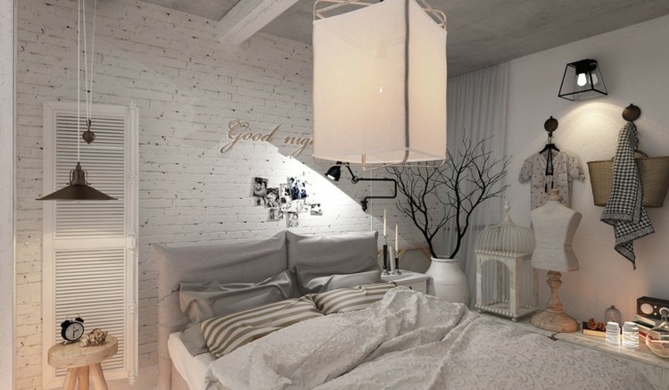 lägenhet med feminin inredning sovrum lampor tegel vit