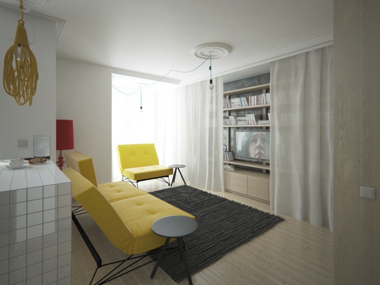 lägenhet feminin interiör parkett ljusa vardagsrumsmöbler gul