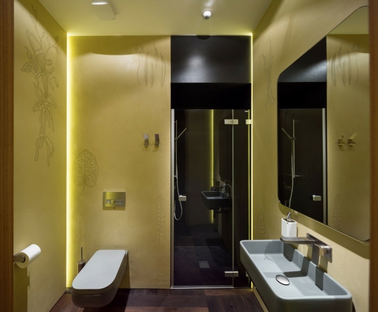 lägenhet gul grå invändig väggbyggnad duschglas svart