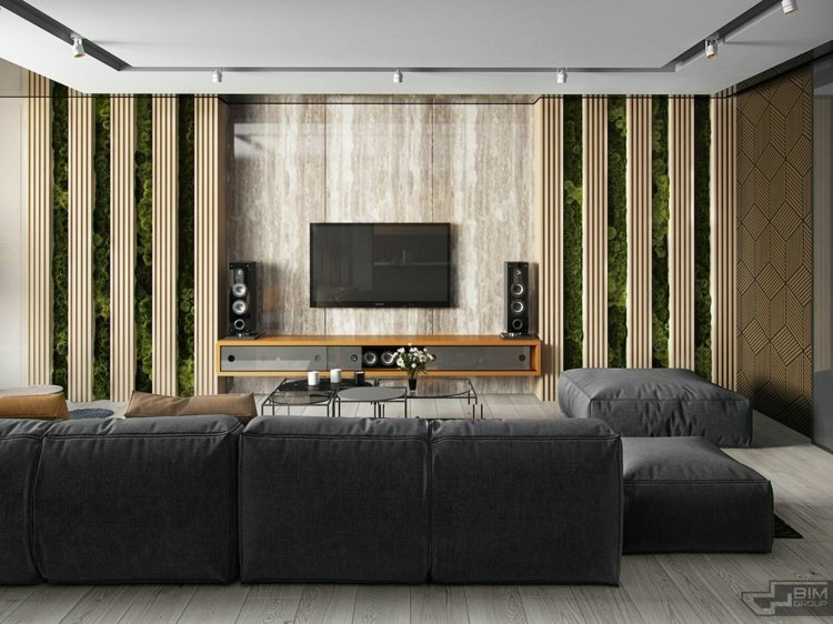 lägenhet grå möbler växter vertikal trädgård dekor vardagsrum