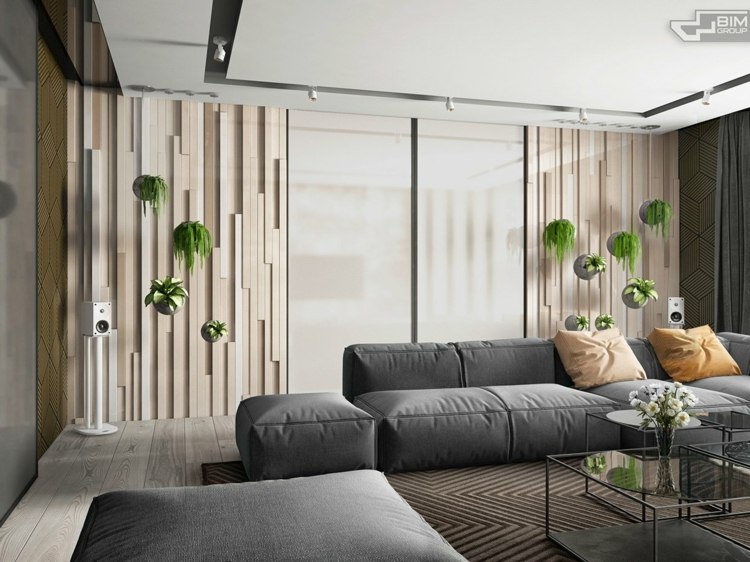 lägenhet grå möbler hängande växt soffa vägg design trä