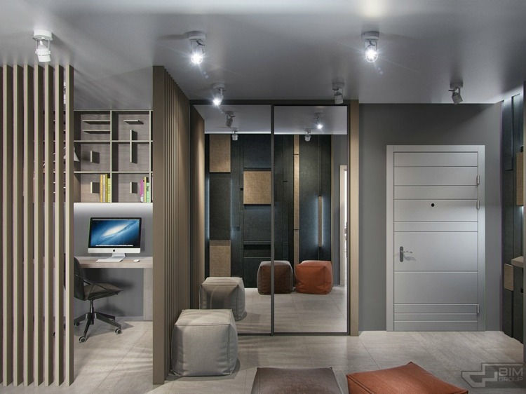 lägenhet med grå inredningsmöbler pall kontor skrivbord trä lameller