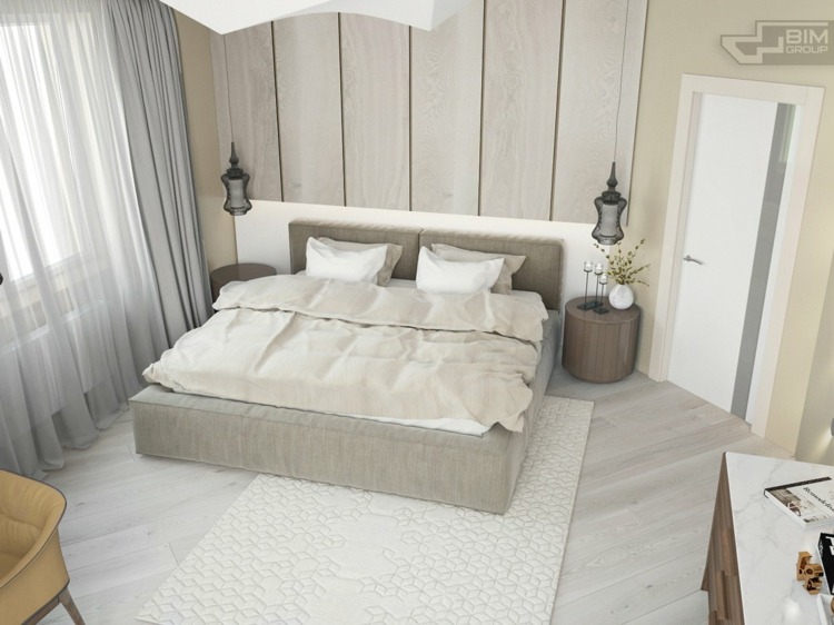 lägenhet grå möbler elfenben färg sovrum säng ljus