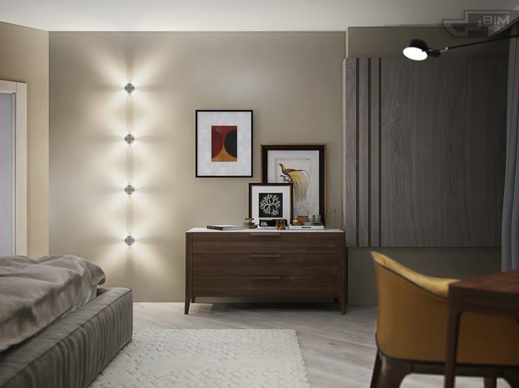 lägenhet med grå inredning vägglampa modern design byrå
