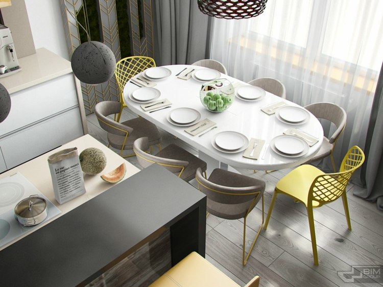 lägenhet grå möbler matplats stolar gul design kök