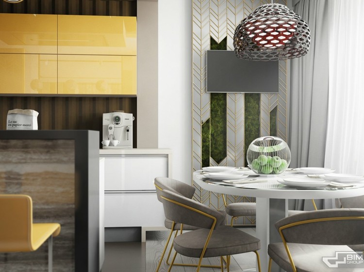 lägenhet grå möbler stolar matbord kökslampa modern