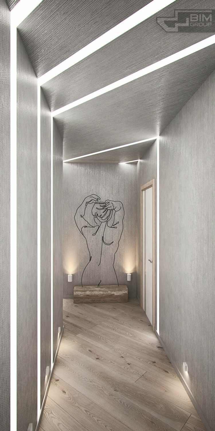 lägenhet grå möbler konst vägg byggnad hall belysning idé ränder