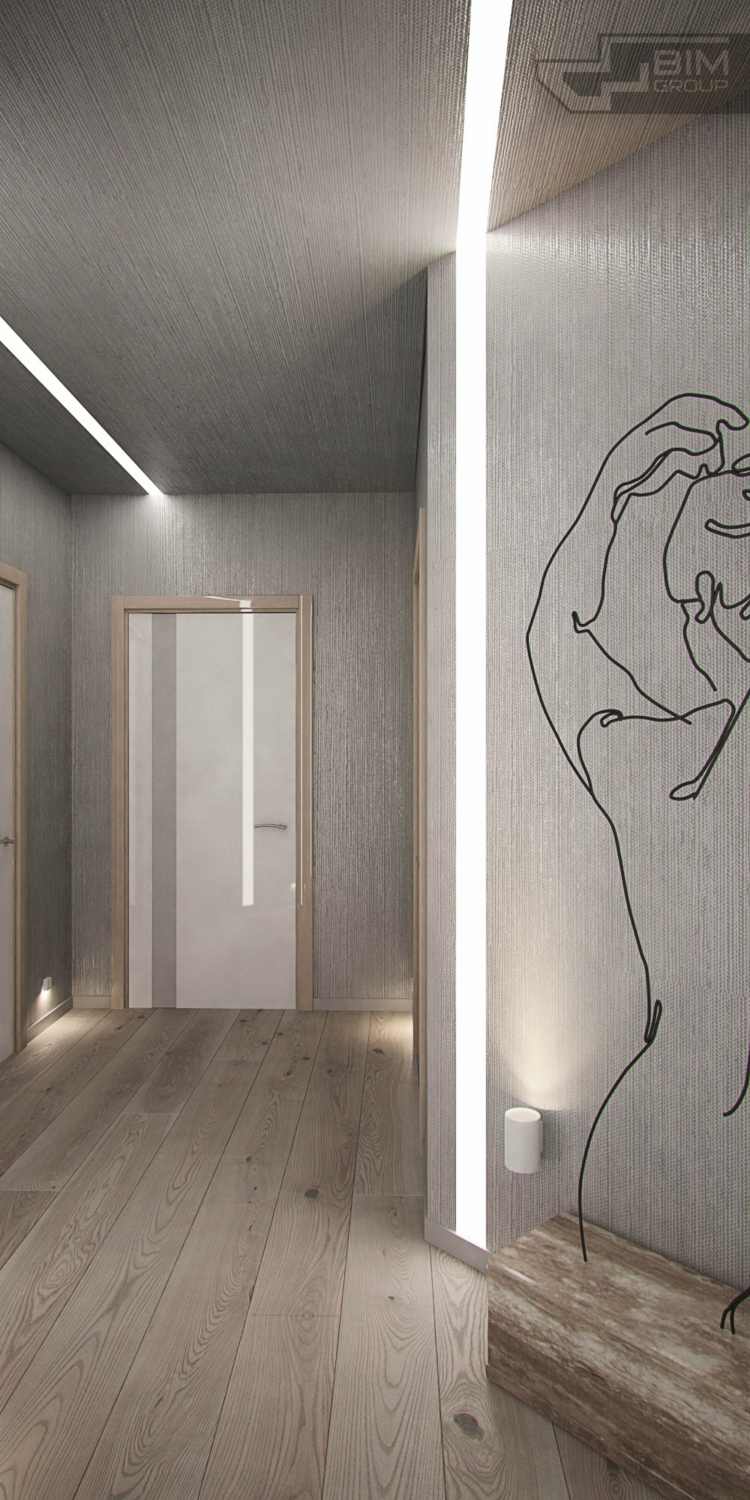 lägenhet grå möbler hall vägg design parkett dörr